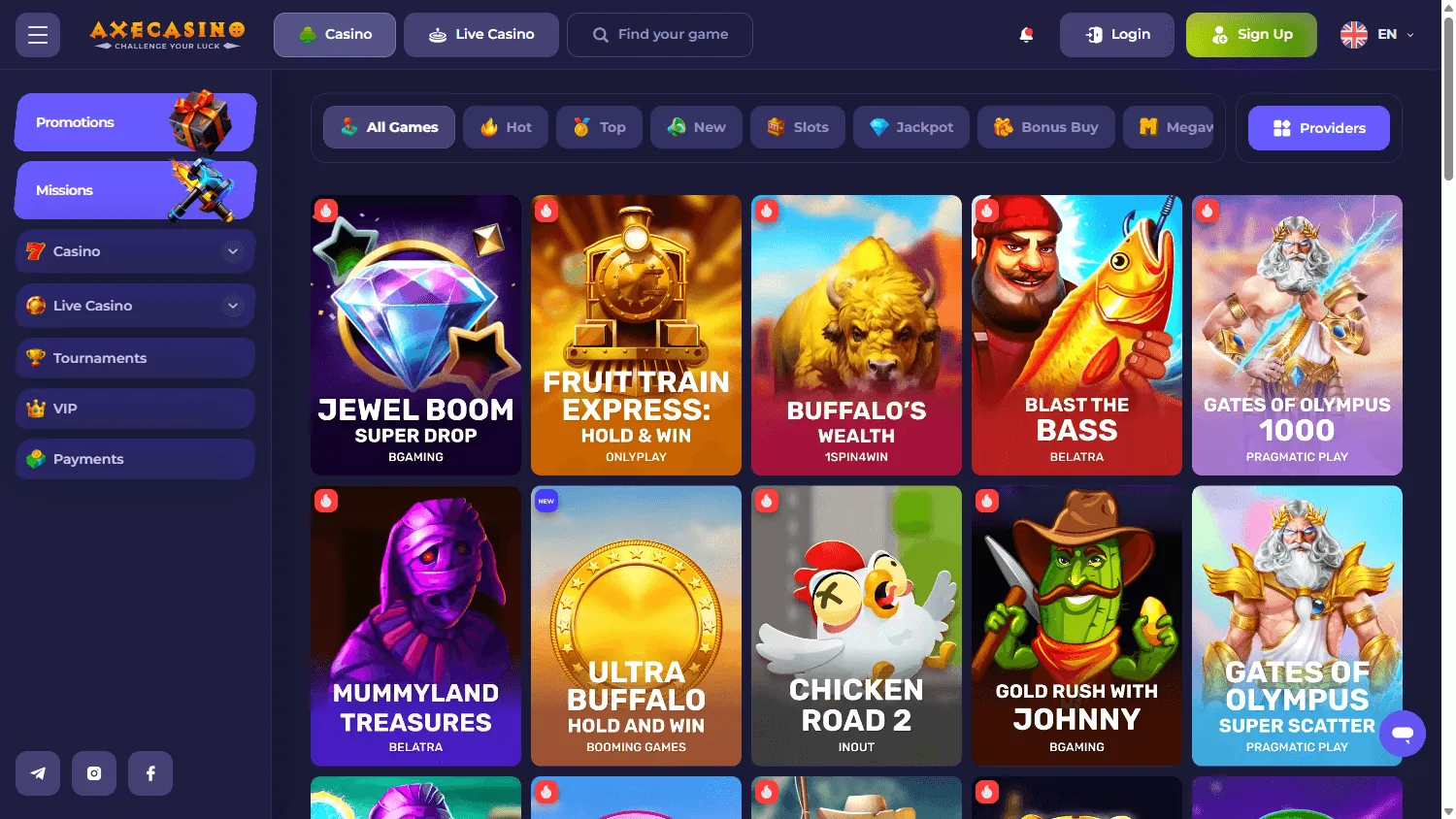 Axecasino desktop casino library with pokies and other game categories