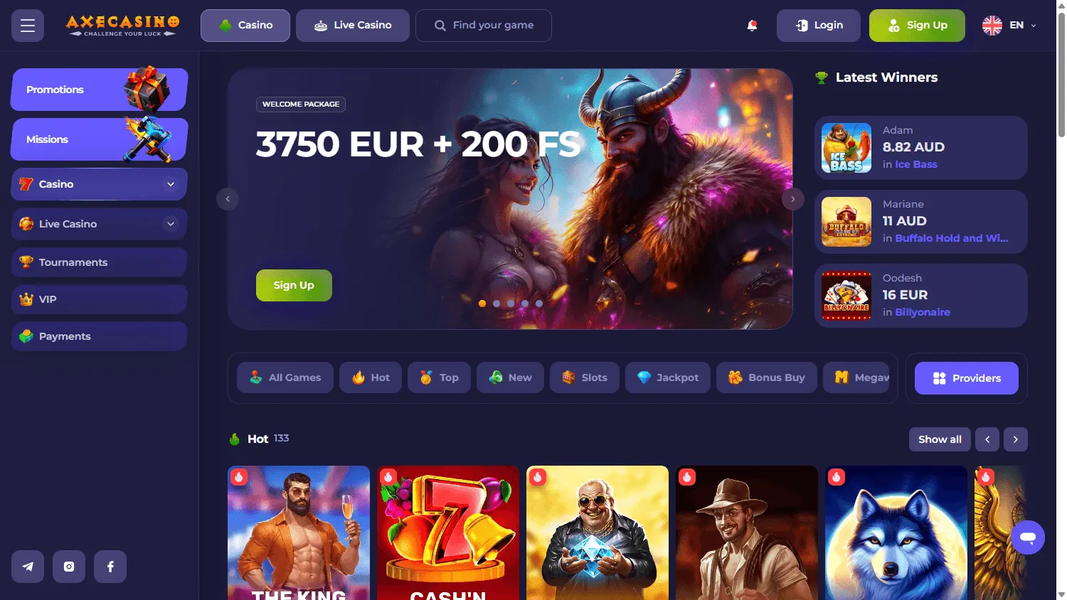 Axecasino desktop home with the welcome package for Australian players