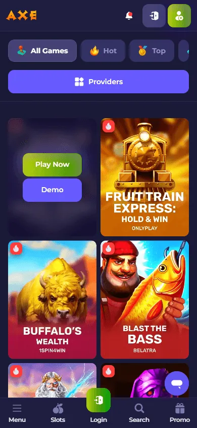 Axecasino mobile game library with casino categories